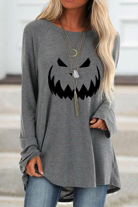 Erin | Halloween-Inspired Pumpkin Print Round Neck Long Sleeve Sweatshirt