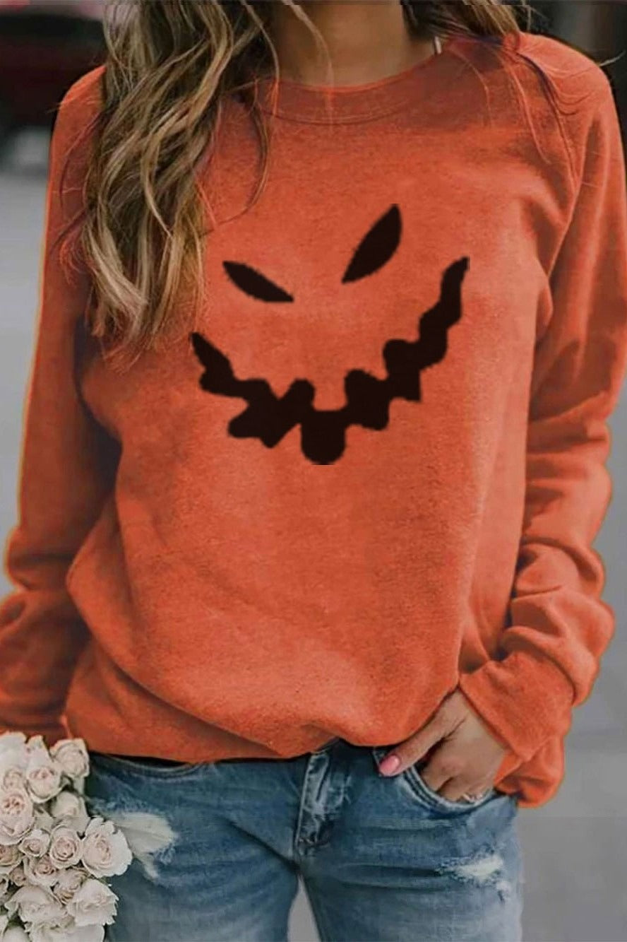 Edith | Halloween-Inspired Pumpkin Print Long Sleeve Sweatshirt
