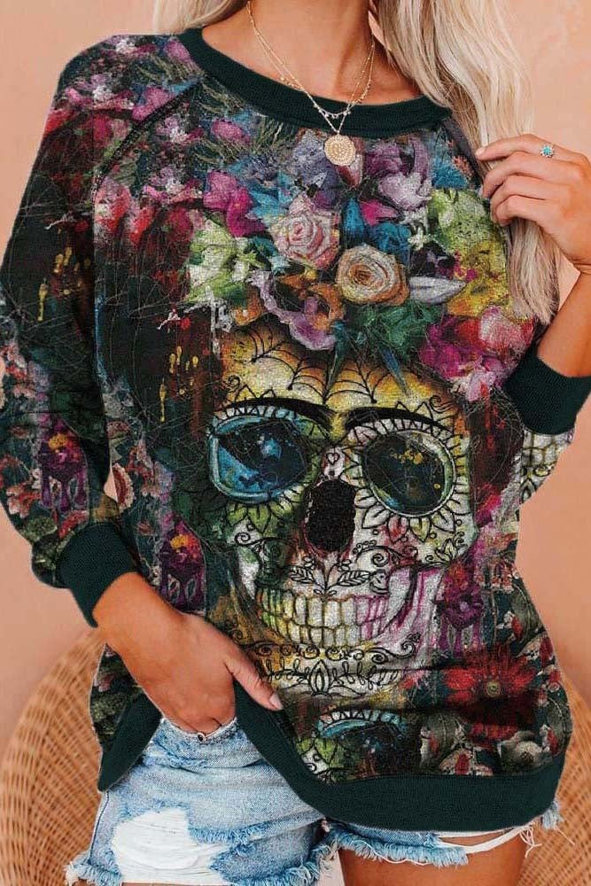 Estelle | Halloween-Inspired Skull Print Round Neck Long Sleeve Sweatshirt
