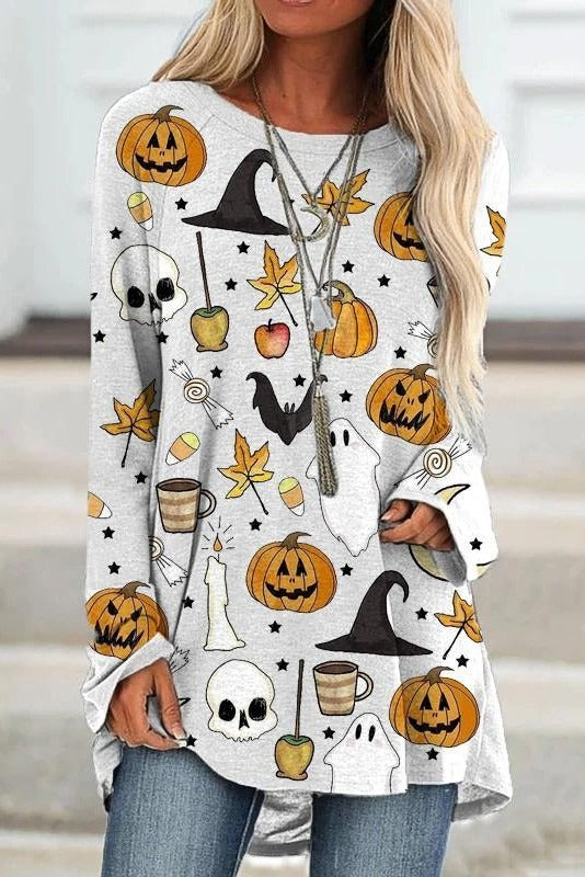 Fatima | Halloween-Inspired Pumpkin Print Round Neck Long Sleeve Sweatshirt