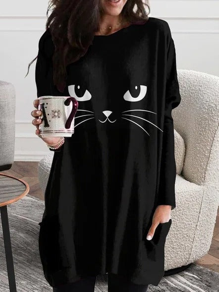 Bruna | Loose Round Neck Cat Halloween-Inspired Long Sleeve T-Shirt