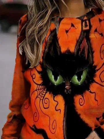 Karina | Halloween Vintage Cat Print Round Neck Long Sleeve Sweatshirt