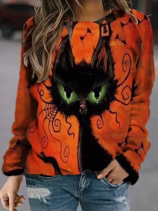 Karina | Halloween Vintage Cat Print Round Neck Long Sleeve Sweatshirt