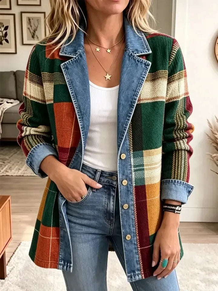 Claire | Retro Plaid Art-Print Denim Jacket