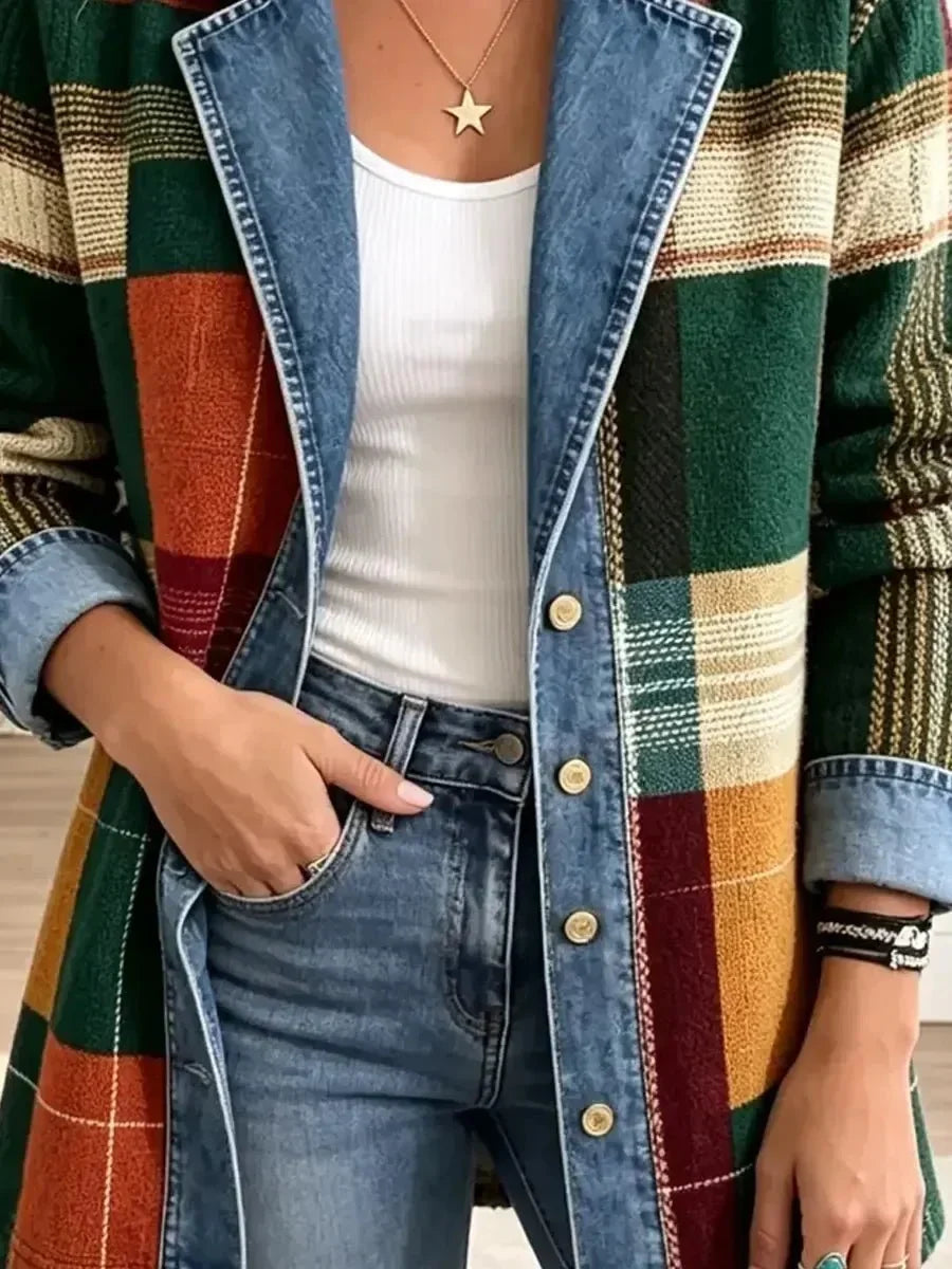 Claire | Retro Plaid Art-Print Denim Jacket