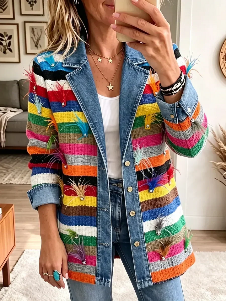 Caroline | Vintage Feather-Print Denim Jacket