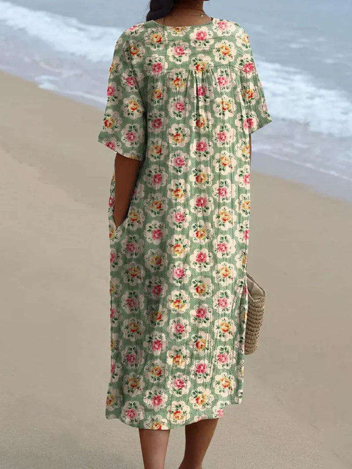 Sophie - Retro Floral Dress in Aqua Green
